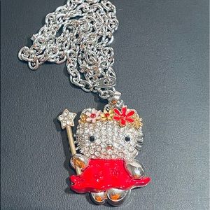 Hello Kitty Fashion 3-D Enameled Red Rhinestone Necklace Puffy Silver